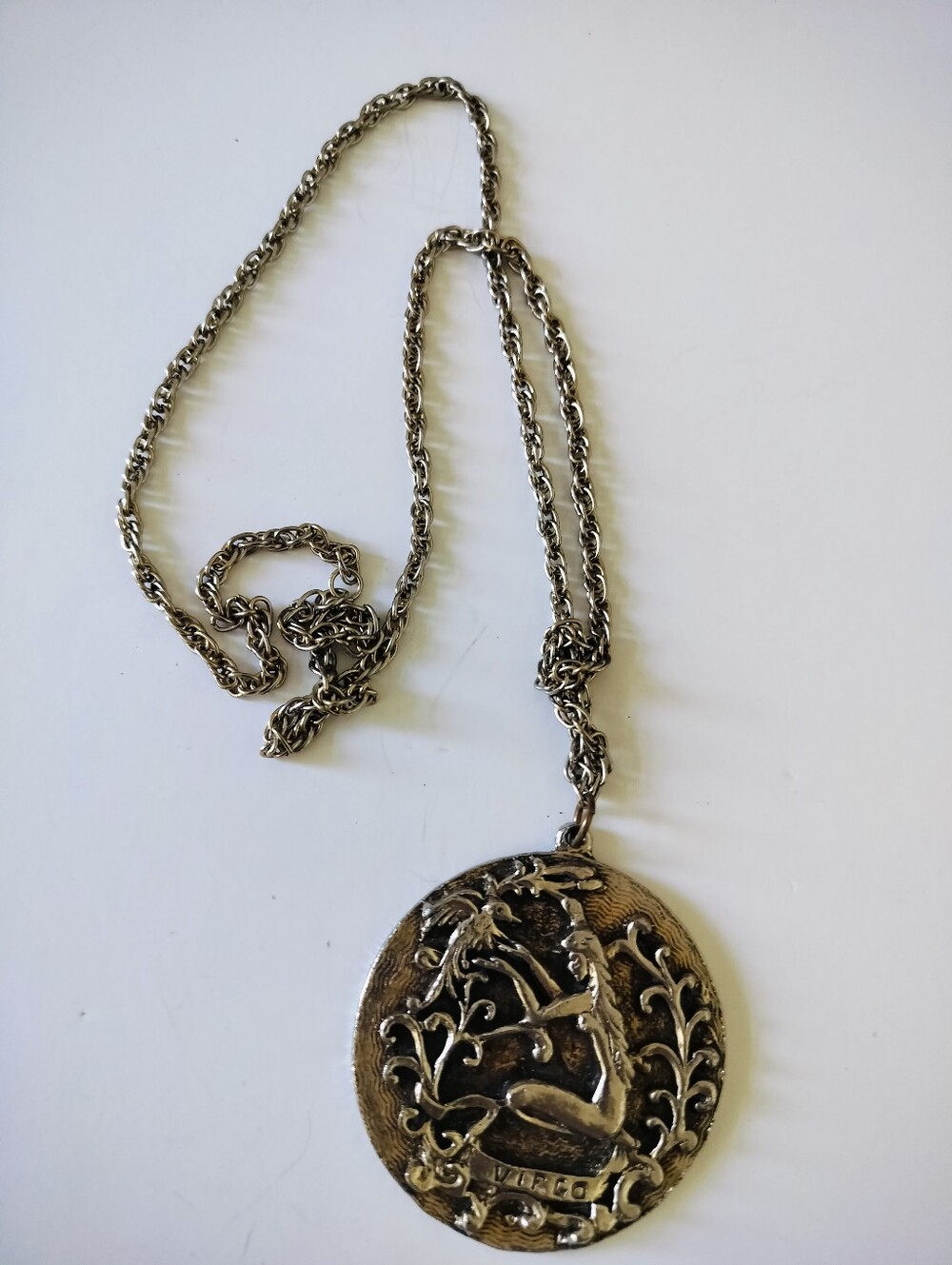 Vintage EDLEE Signed Virgo Zodiac Pendant Necklace Art Nouveau Revival Silver